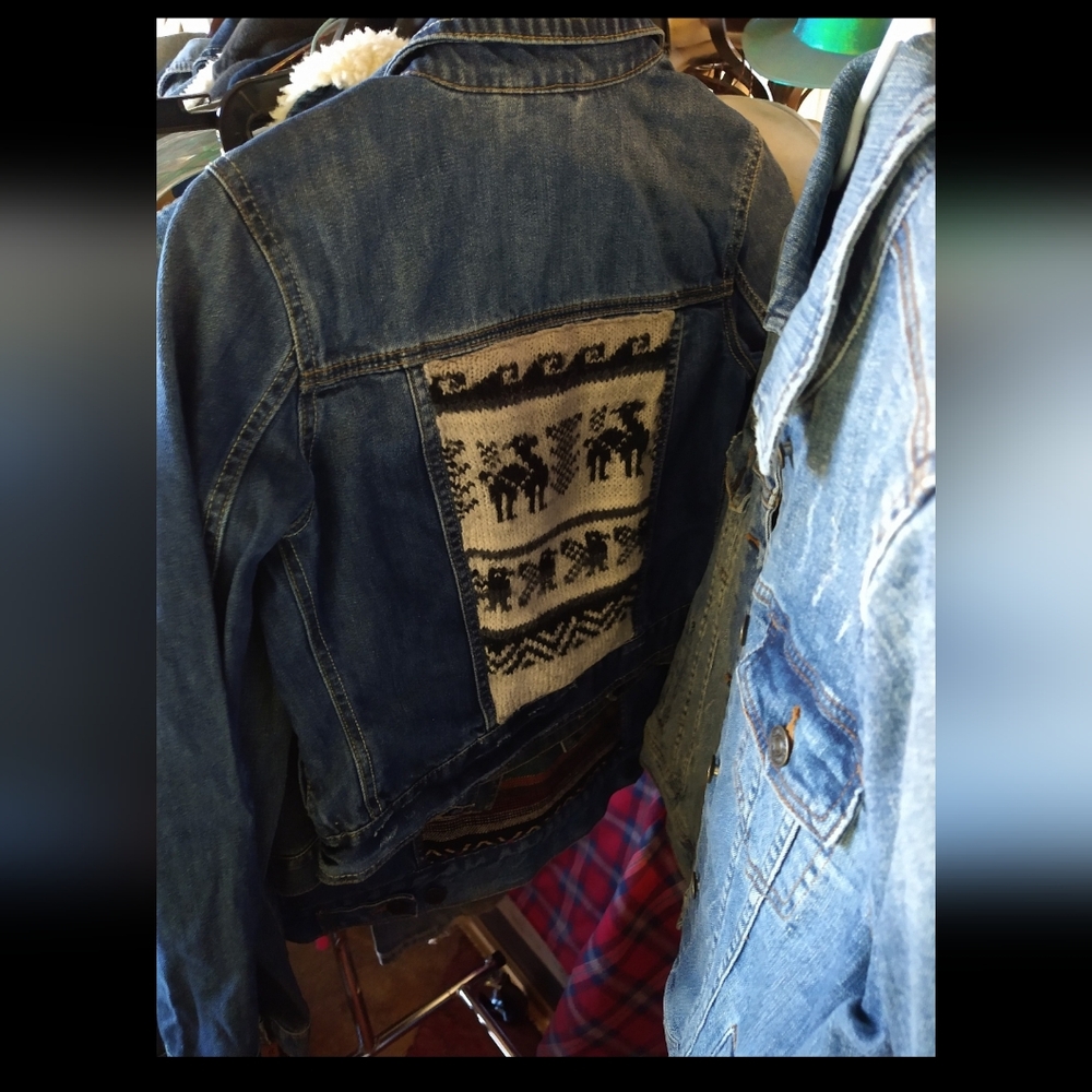 Denim Jacket with Black and White Alpaca Knit Patterned Back
